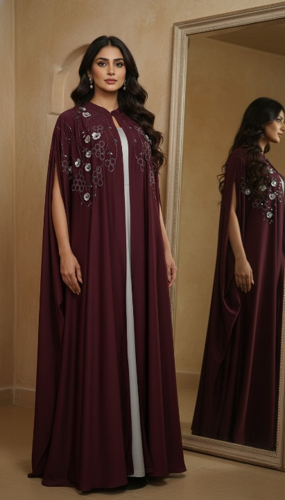 E2-6 – Deep Burgundy Embellished Cape Ensemble