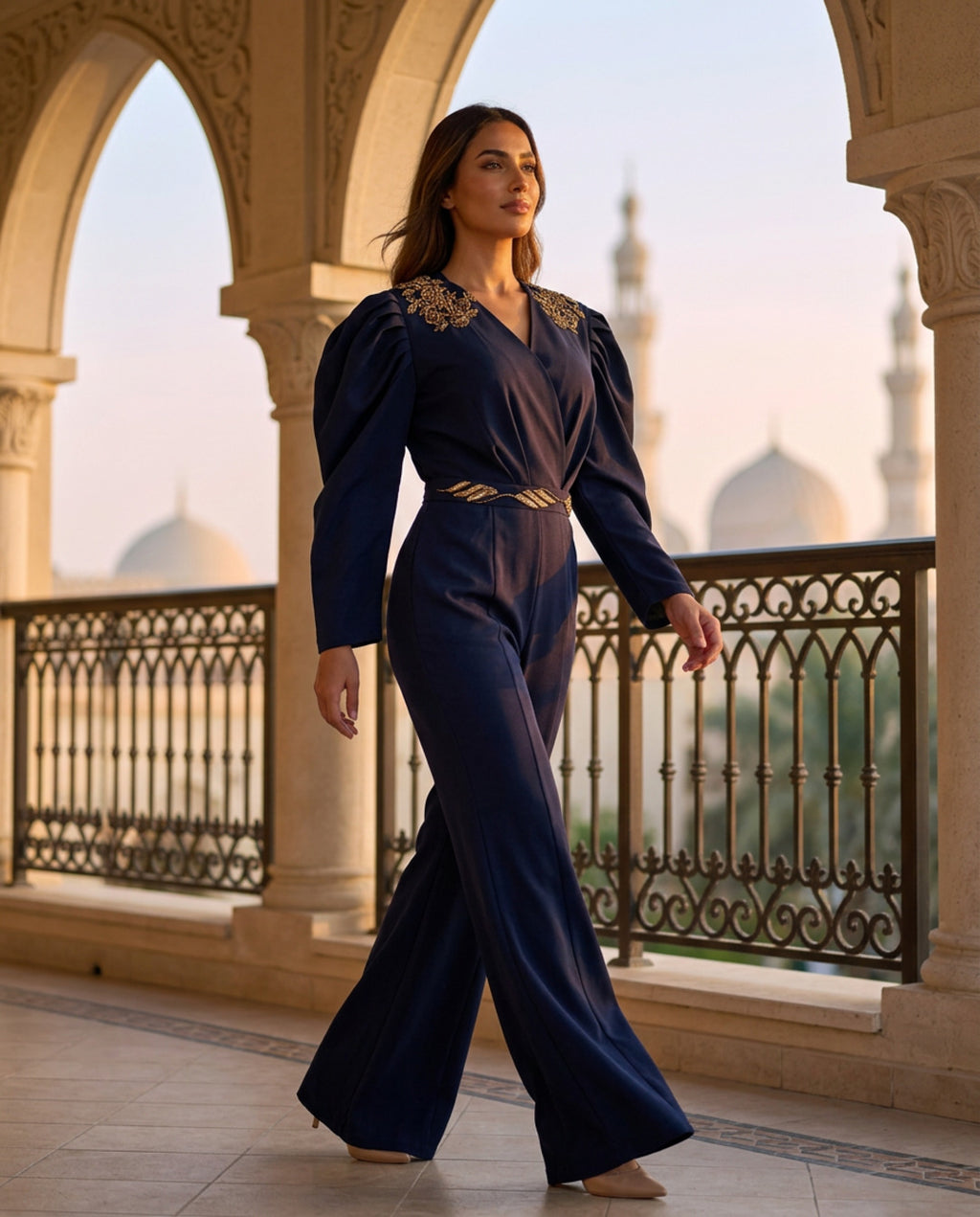 E2 7_BLUE_ES Midnight Blue Tailored Jumpsuit with Statement Sleeves