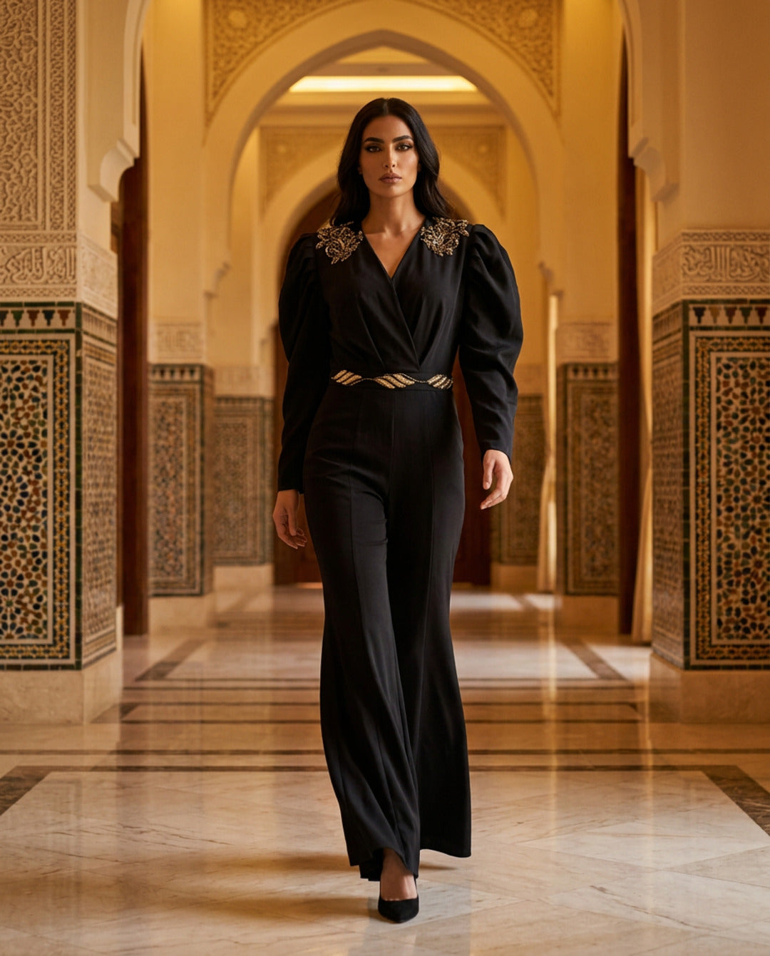 E2 7_BLUE_ES Midnight Blue Tailored Jumpsuit with Statement Sleeves