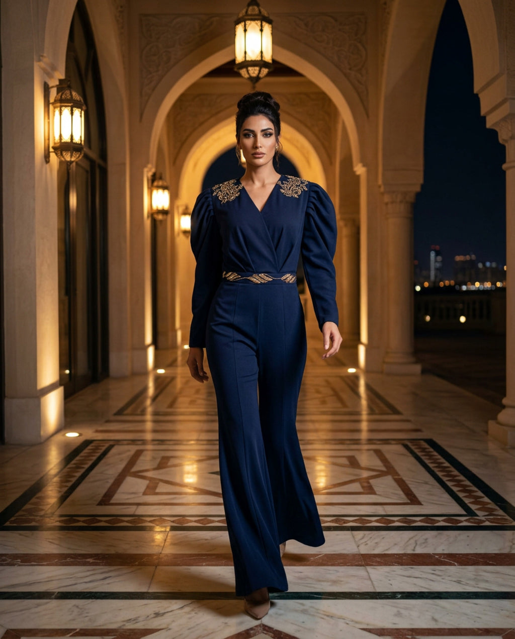 E2 7_BLUE_ES Midnight Blue Tailored Jumpsuit with Statement Sleeves
