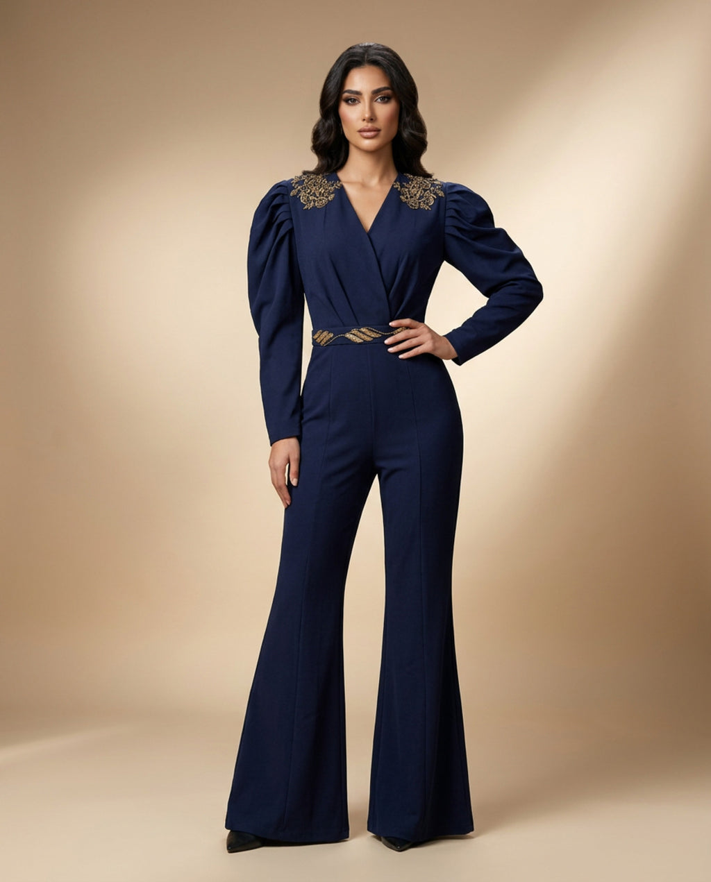 E2 7_BLUE_ES Midnight Blue Tailored Jumpsuit with Statement Sleeves