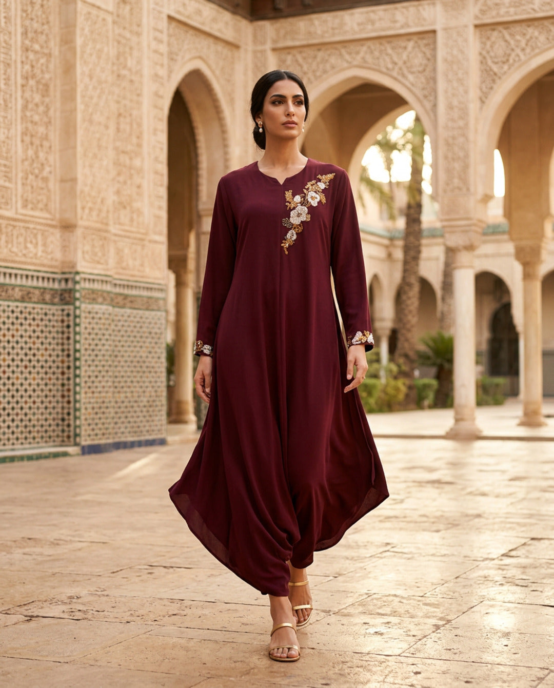 E2 8 _MAROON_ES Deep Maroon Draped Kaftan with Floral Embellishment