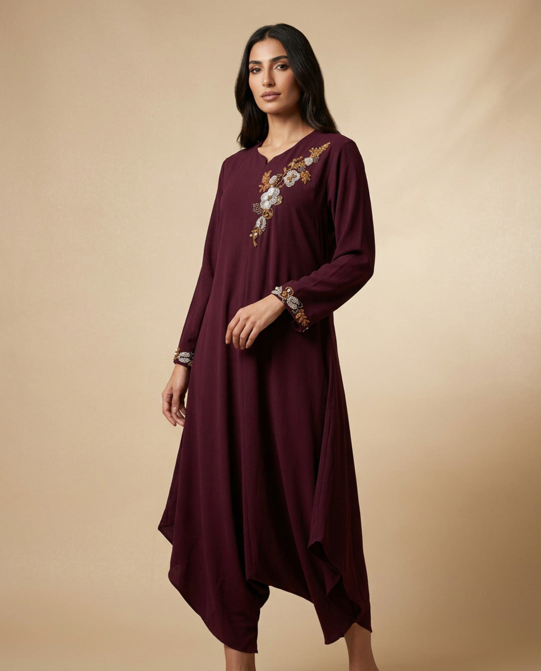 E2 8 _MAROON_ES Deep Maroon Draped Kaftan with Floral Embellishment