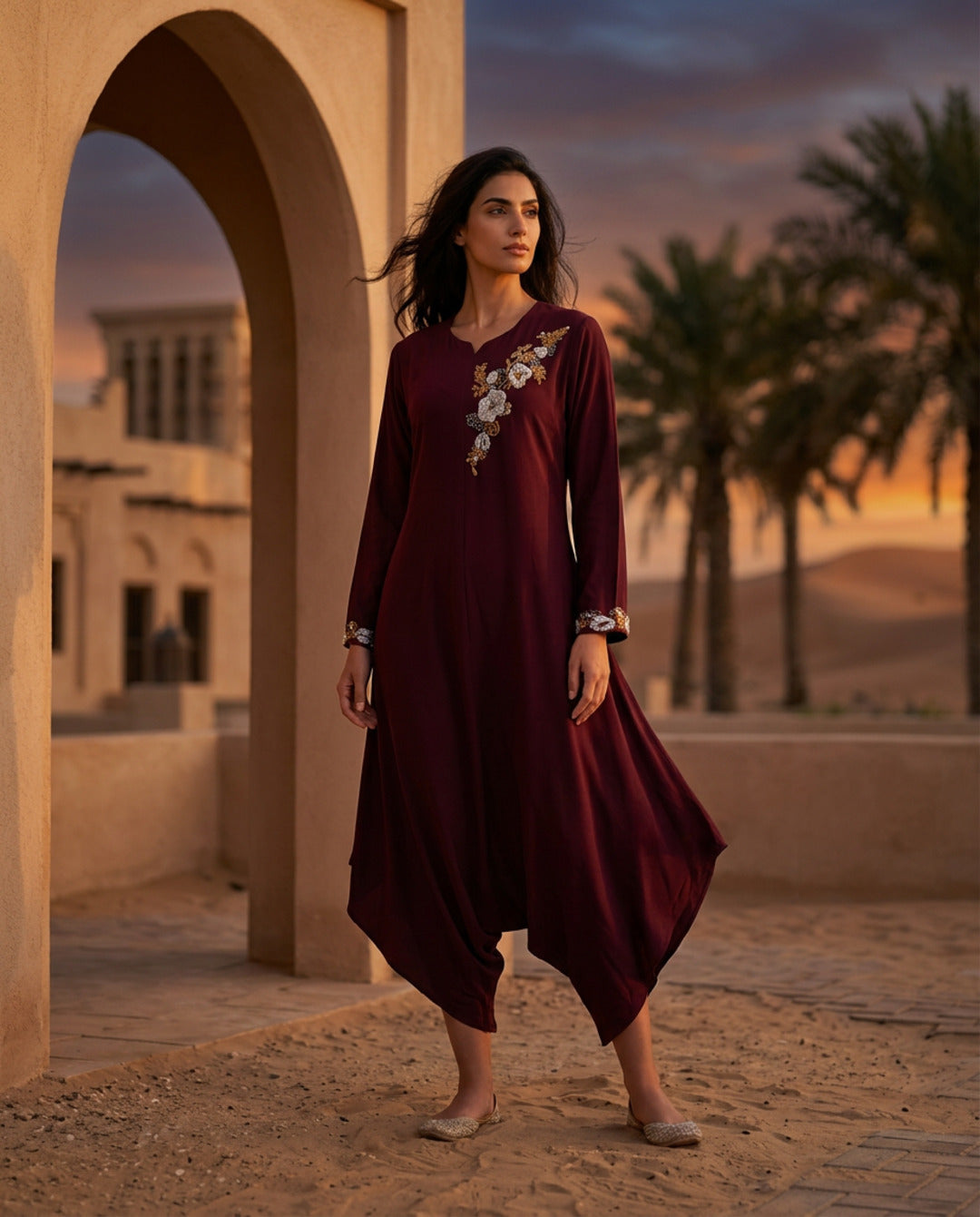 E2 8 _MAROON_ES Deep Maroon Draped Kaftan with Floral Embellishment