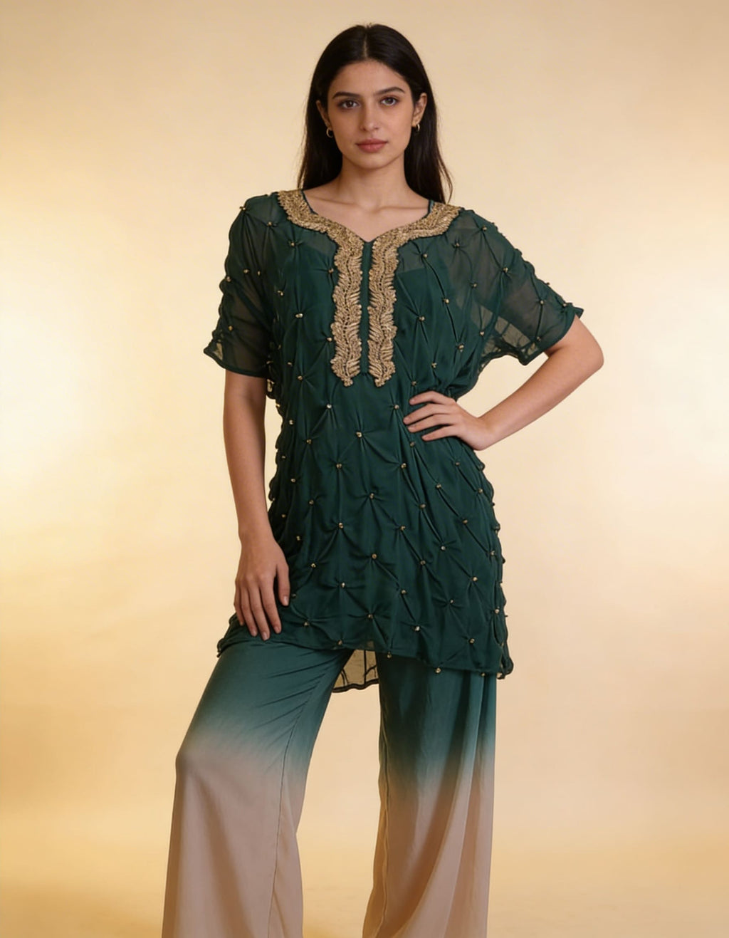 E3-11 – Emerald Ombre Embellished Draped Set