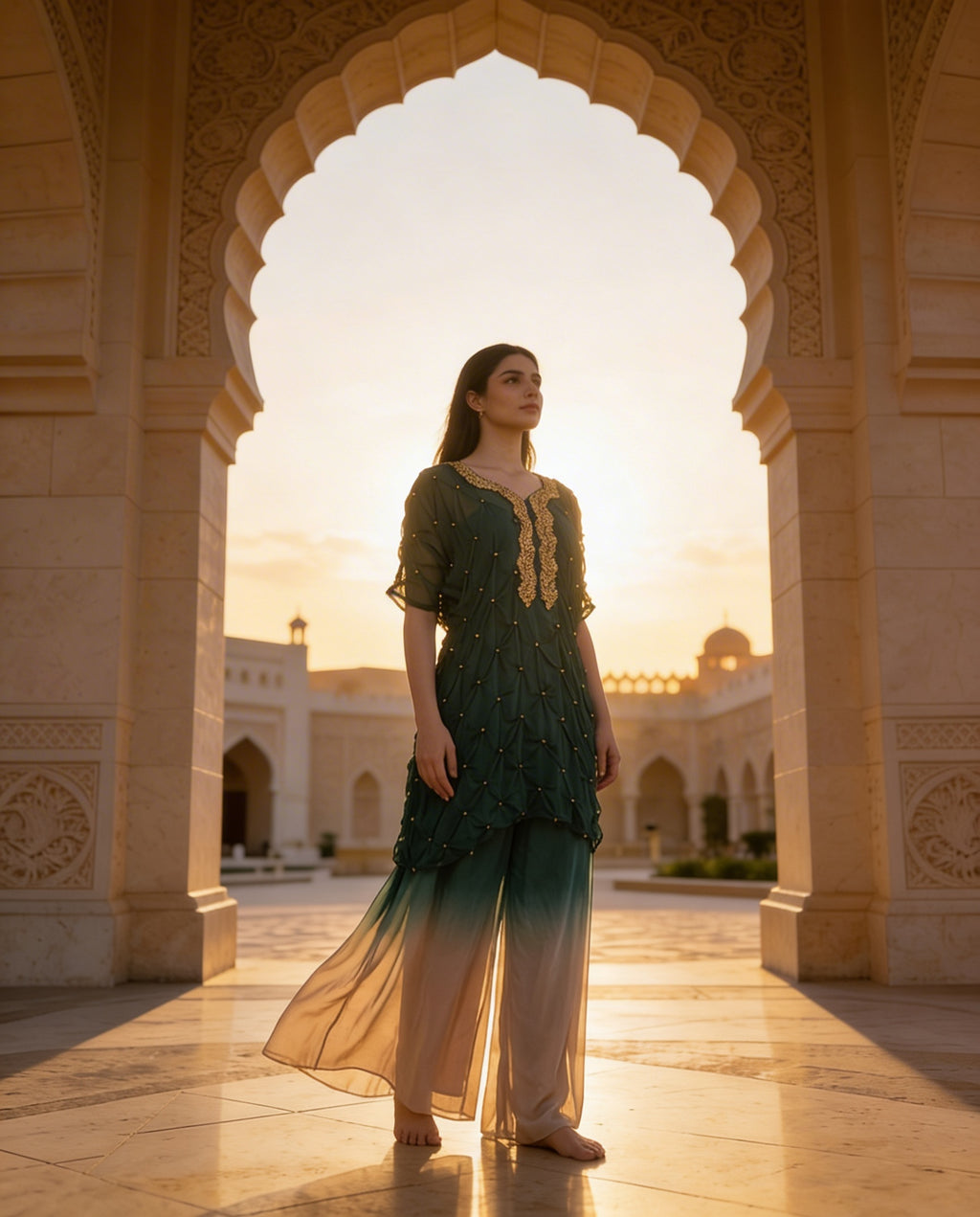 E3-11_GREEN_ES Emerald Ombre Layered Kaftan with Textured Detailing