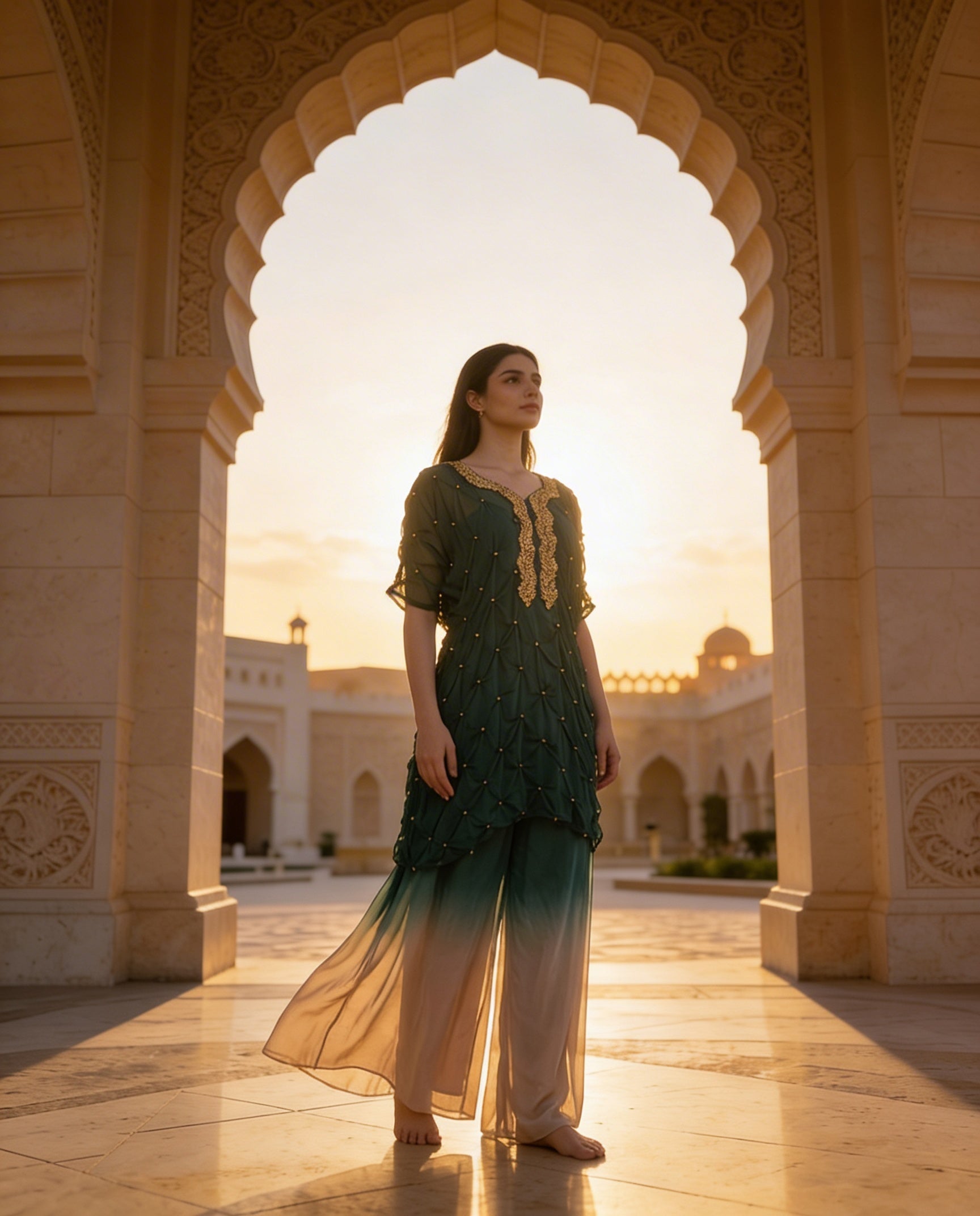 E3-11_GREEN_ES Emerald Ombre Layered Kaftan with Textured Detailing