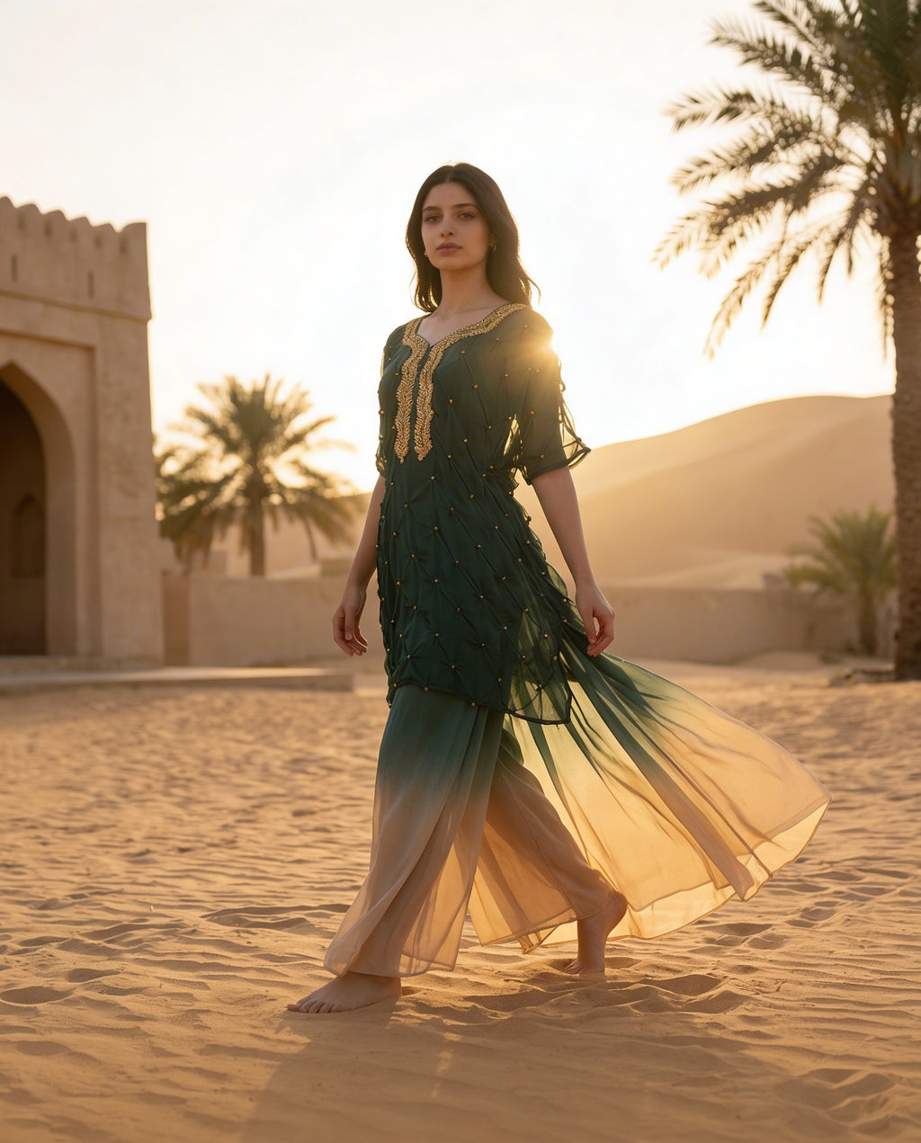 E3-11_GREEN_ES Emerald Ombre Layered Kaftan with Textured Detailing