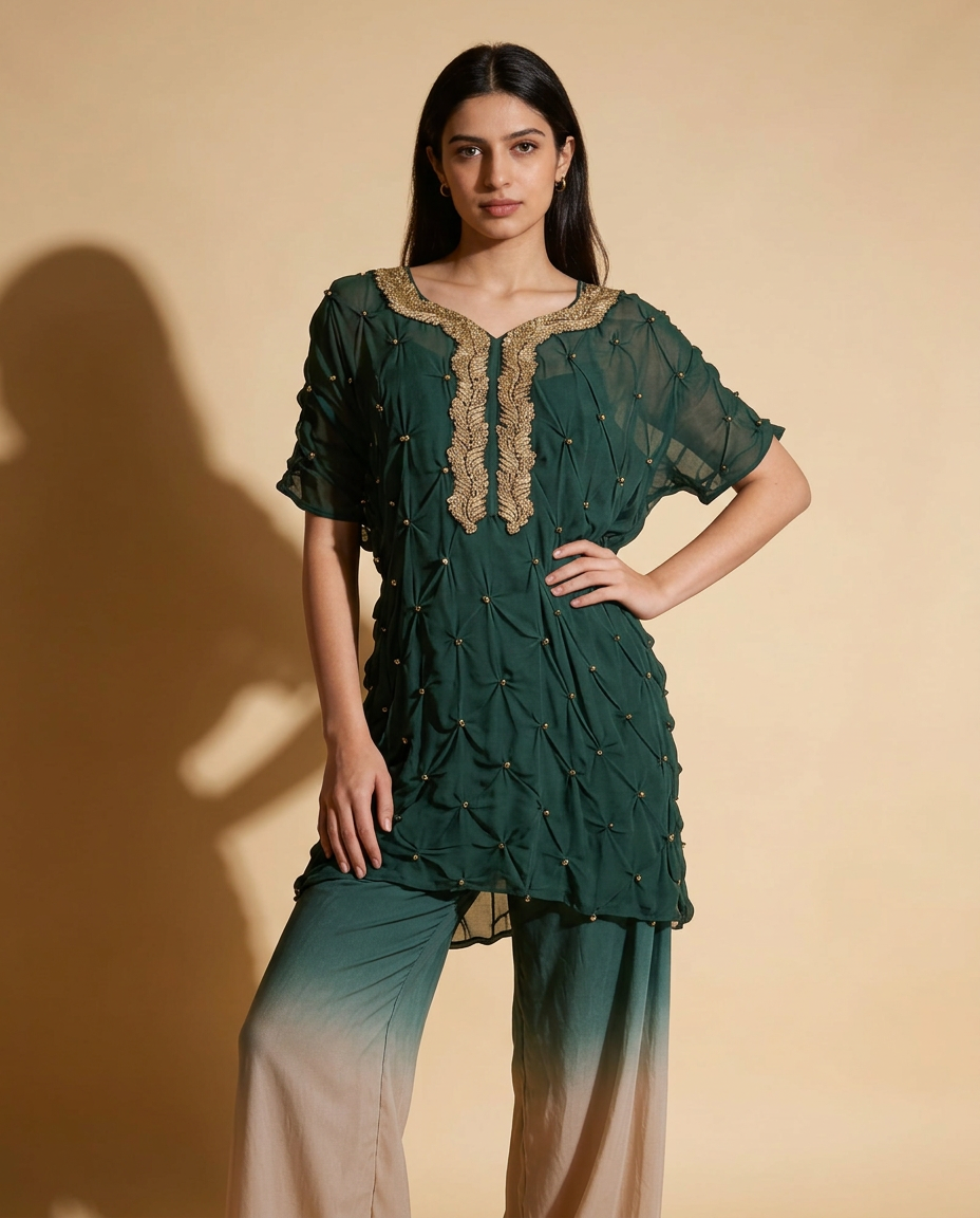 E3-11_GREEN_ES Emerald Ombre Layered Kaftan with Textured Detailing
