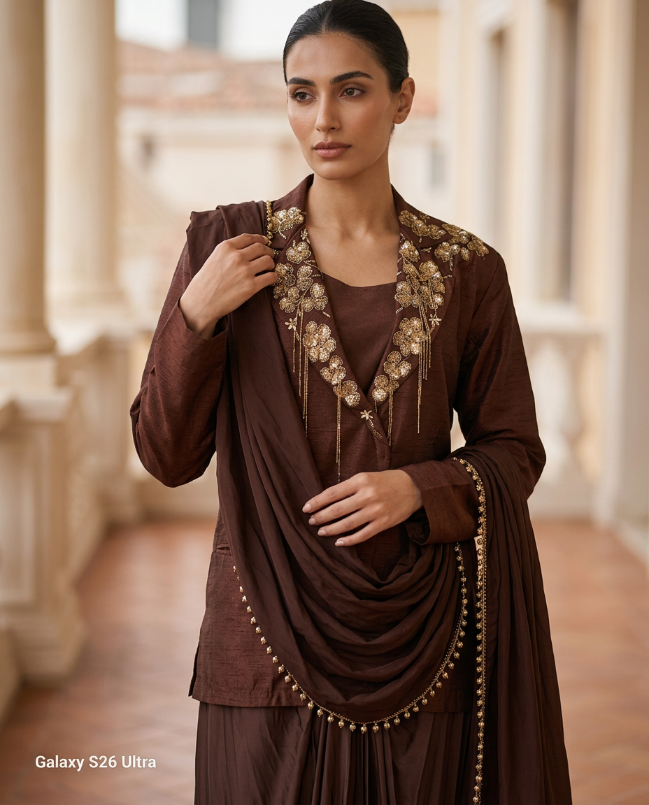E3-2_BROWN_ES Espresso Brown Draped Ensemble with Embellished Jacket