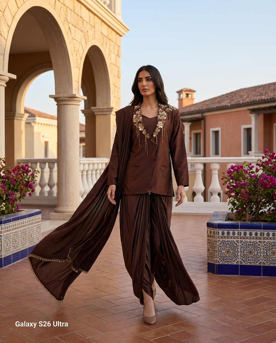 E3-2_BROWN_ES Espresso Brown Draped Ensemble with Embellished Jacket