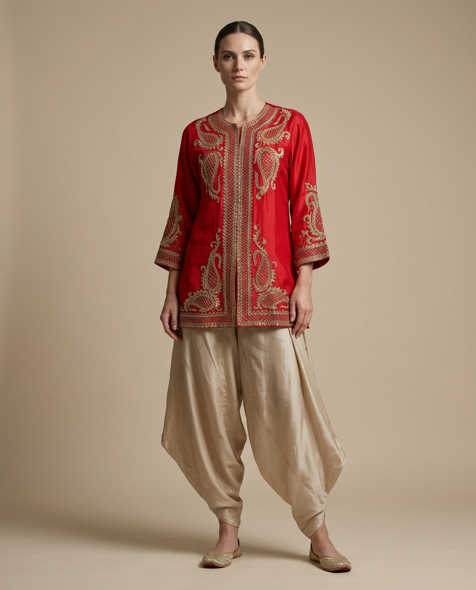 E3-5-RED_ES Crimson Embroidered Kurta Set with Draped Trousers