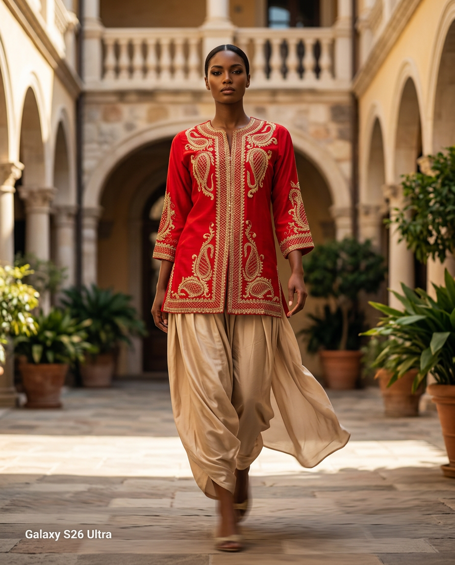 E3-5-RED_ES Crimson Embroidered Kurta Set with Draped Trousers