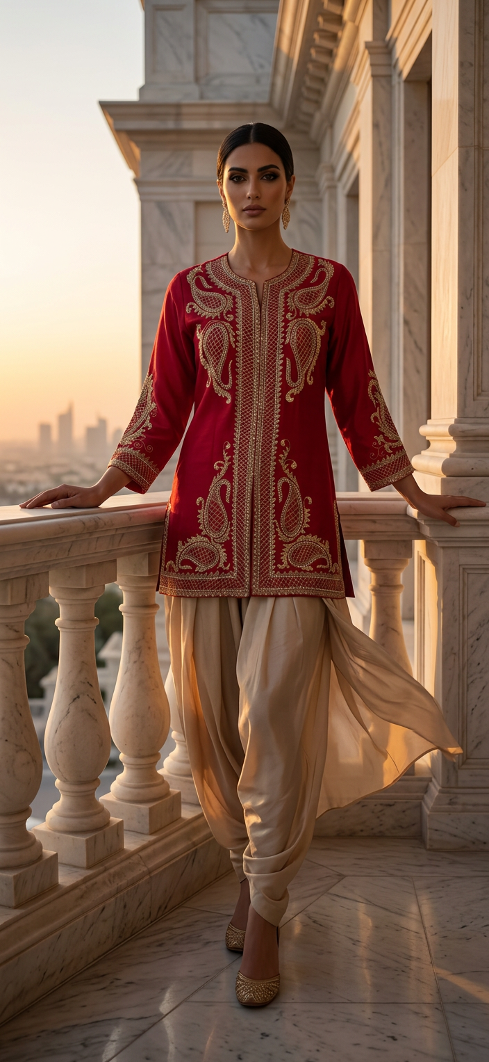 E3-5-RED_ES Crimson Embroidered Kurta Set with Draped Trousers
