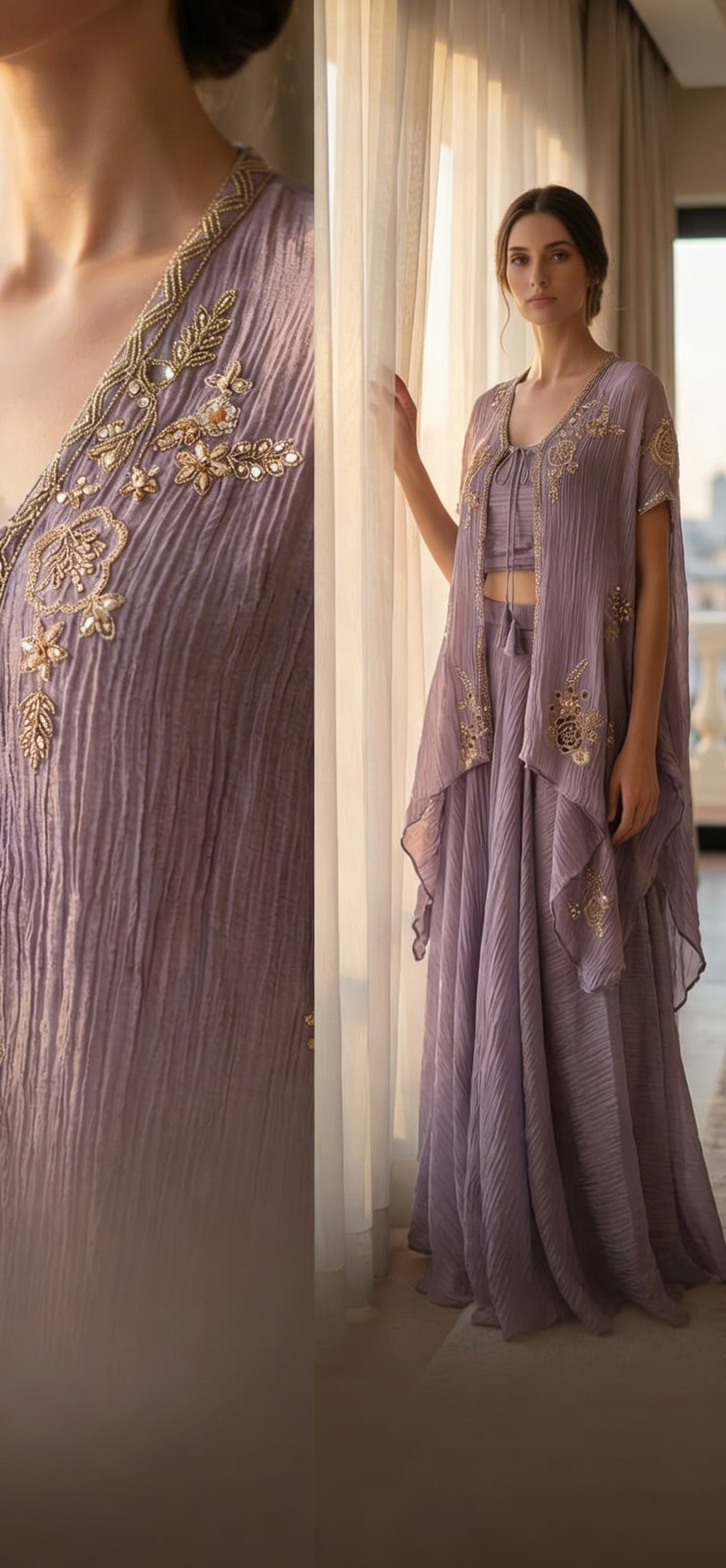 E3-6__PURPLE_ES Lavender Pleated Couture Kaftan with Gold Embroidery