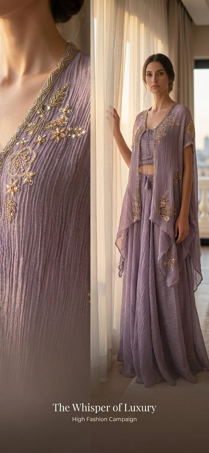 E3-6__PURPLE_ES Lavender Pleated Couture Kaftan with Gold Embroidery