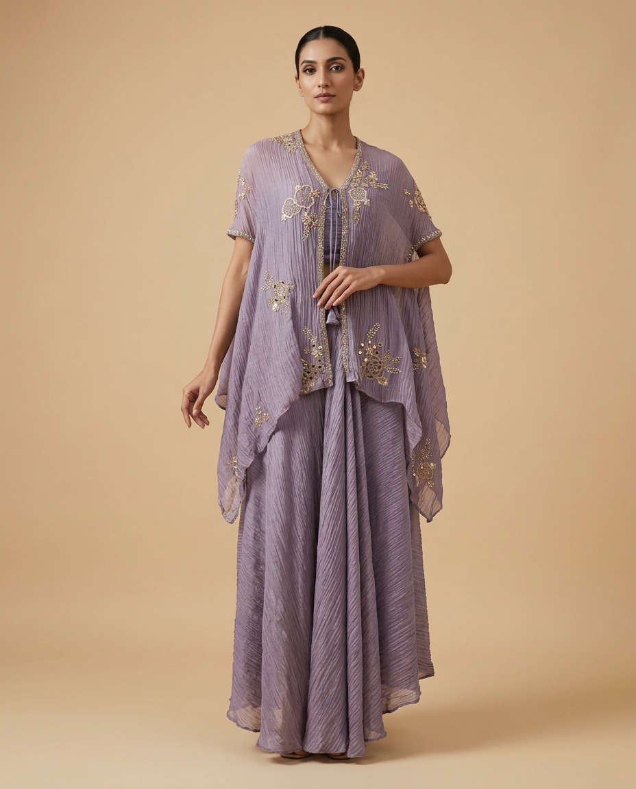E3-6__PURPLE_ES Lavender Pleated Couture Kaftan with Gold Embroidery