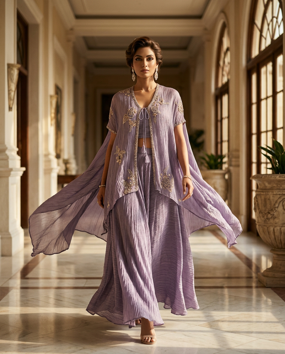 E3-6__PURPLE_ES Lavender Pleated Couture Kaftan with Gold Embroidery