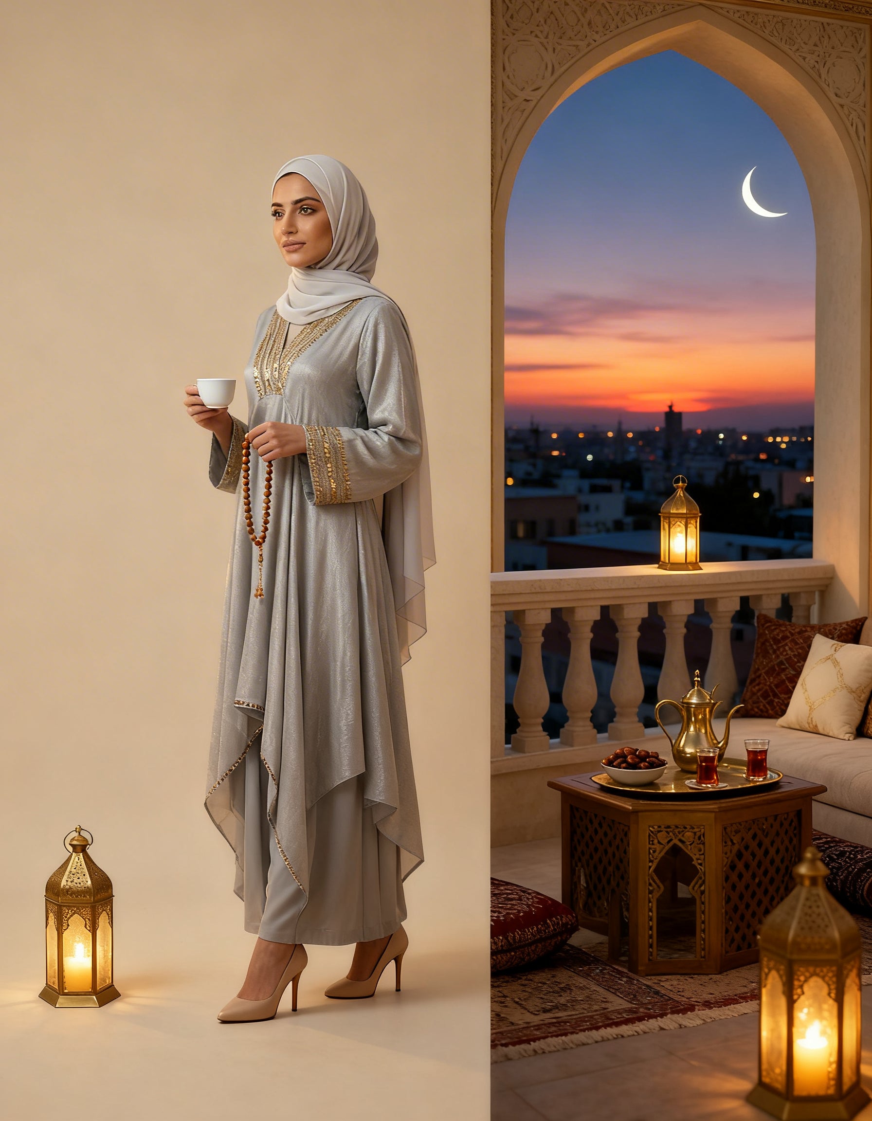 E3-8_GREY_ES Silver Grey Draped Kaftan with Layered Elegance