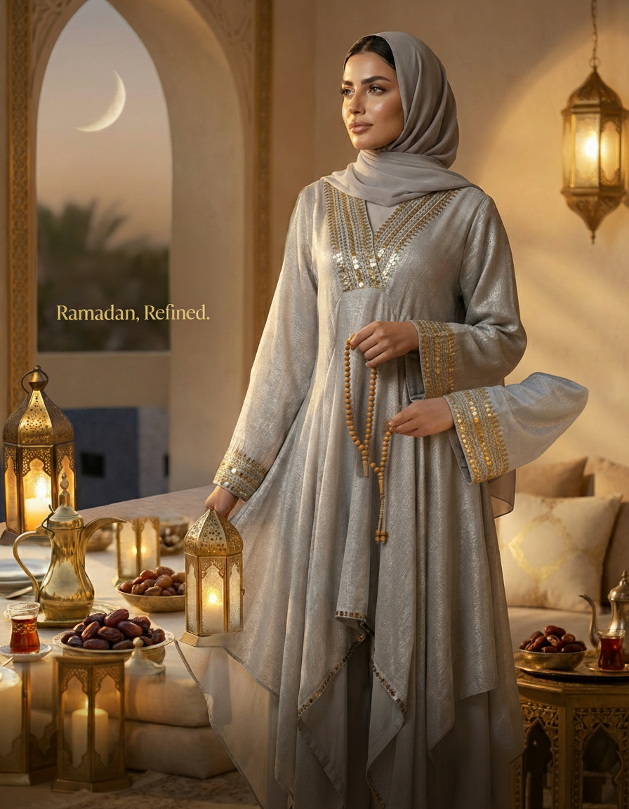 E3-8_GREY_ES Silver Grey Draped Kaftan with Layered Elegance