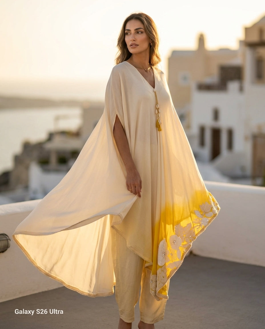 E3-9-CREEM_ES Ivory Gold Ombre Kaftan Set with Fluid Drape