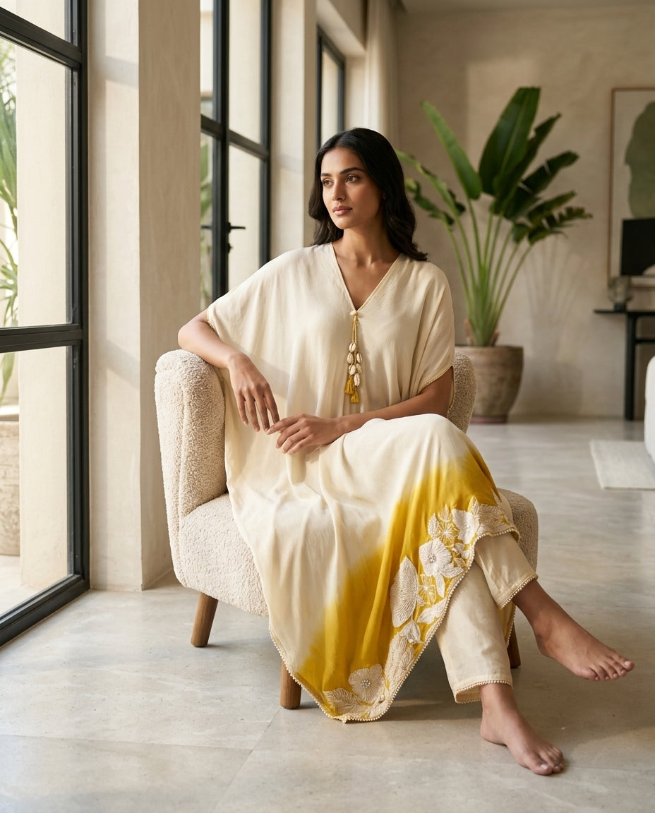 E3-9-CREEM_ES Ivory Gold Ombre Kaftan Set with Fluid Drape