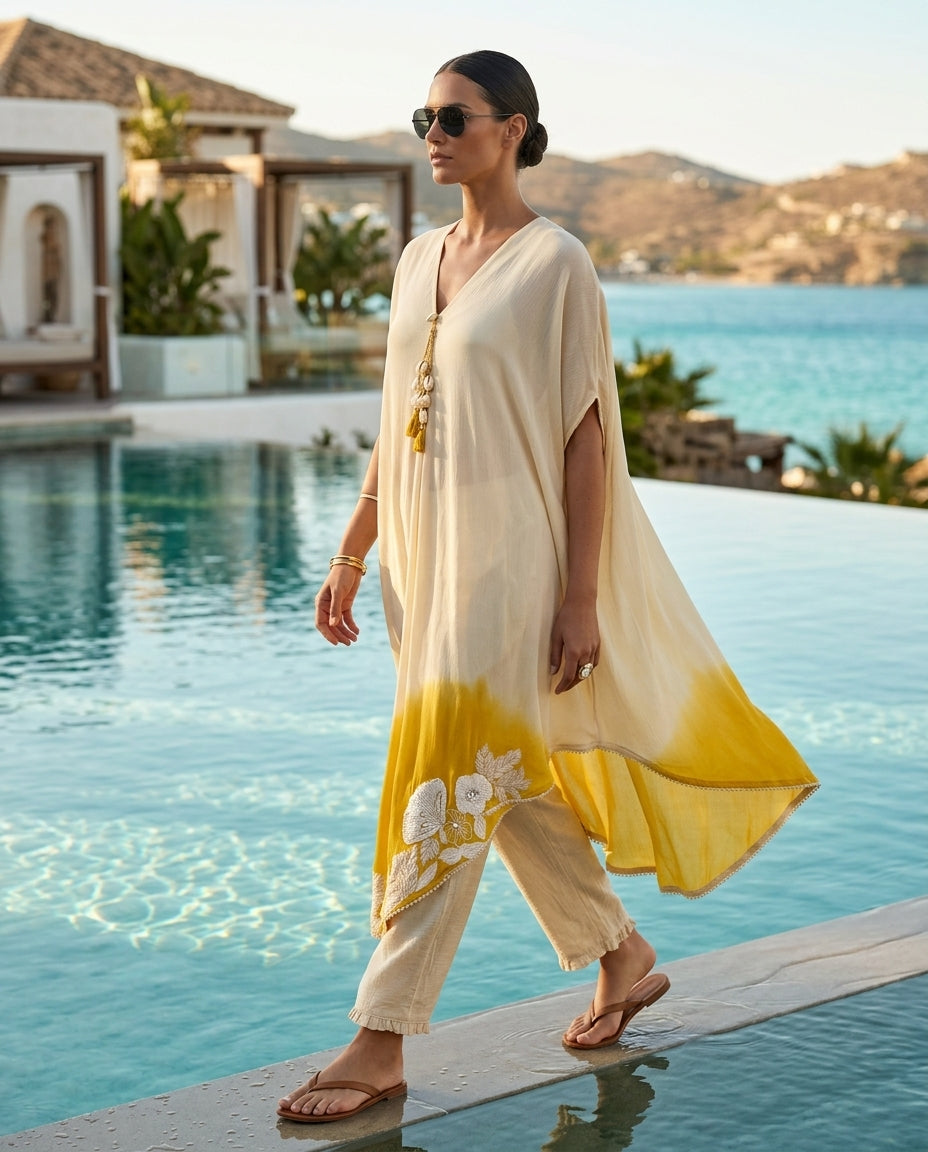 E3-9-CREEM_ES Ivory Gold Ombre Kaftan Set with Fluid Drape