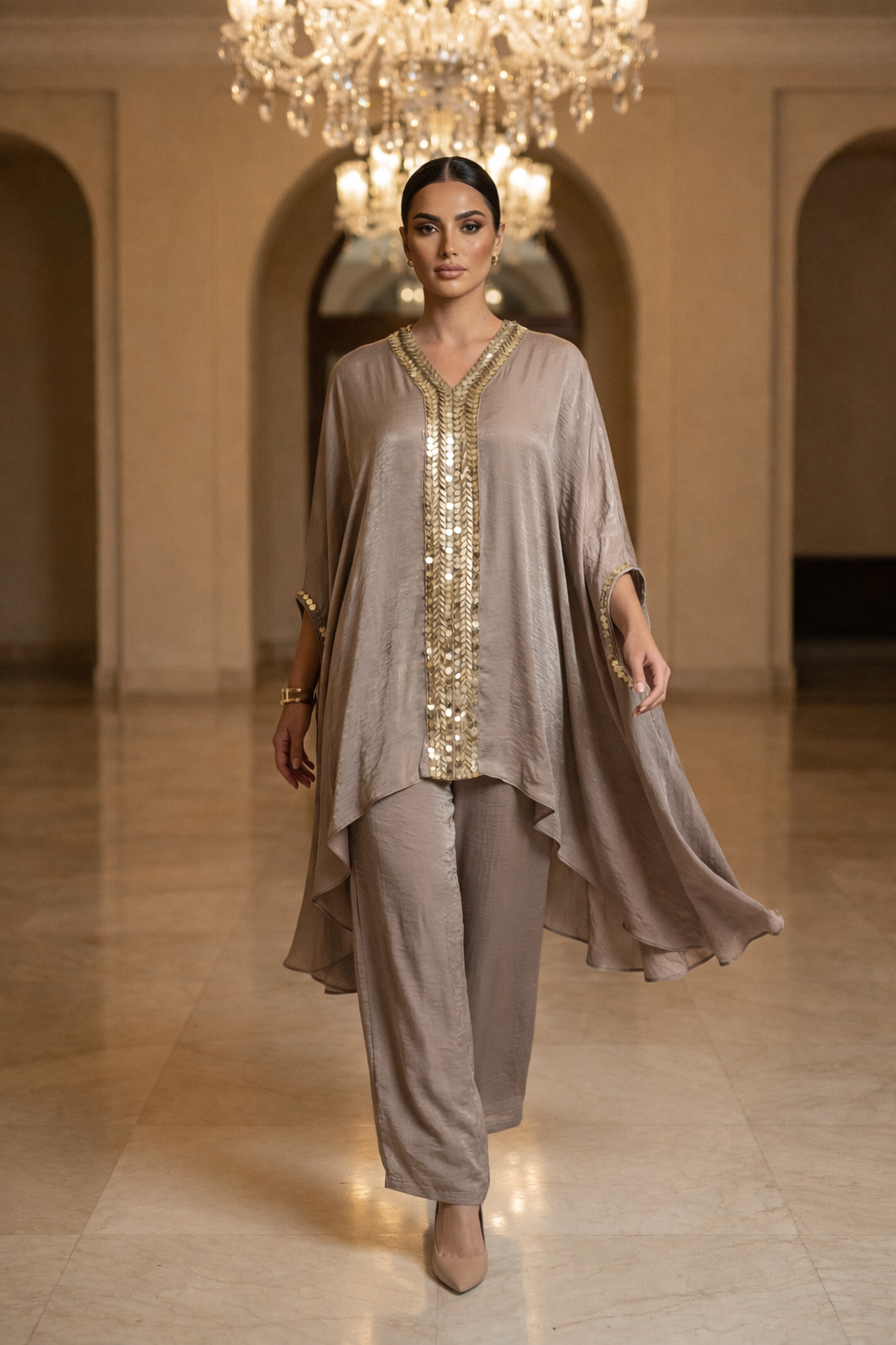 E4-12_BEIGE_ES Sand Beige Embroidered Kaftan