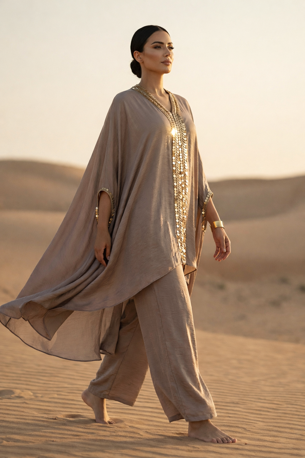 E4-12_BEIGE_ES Sand Beige Embroidered Kaftan