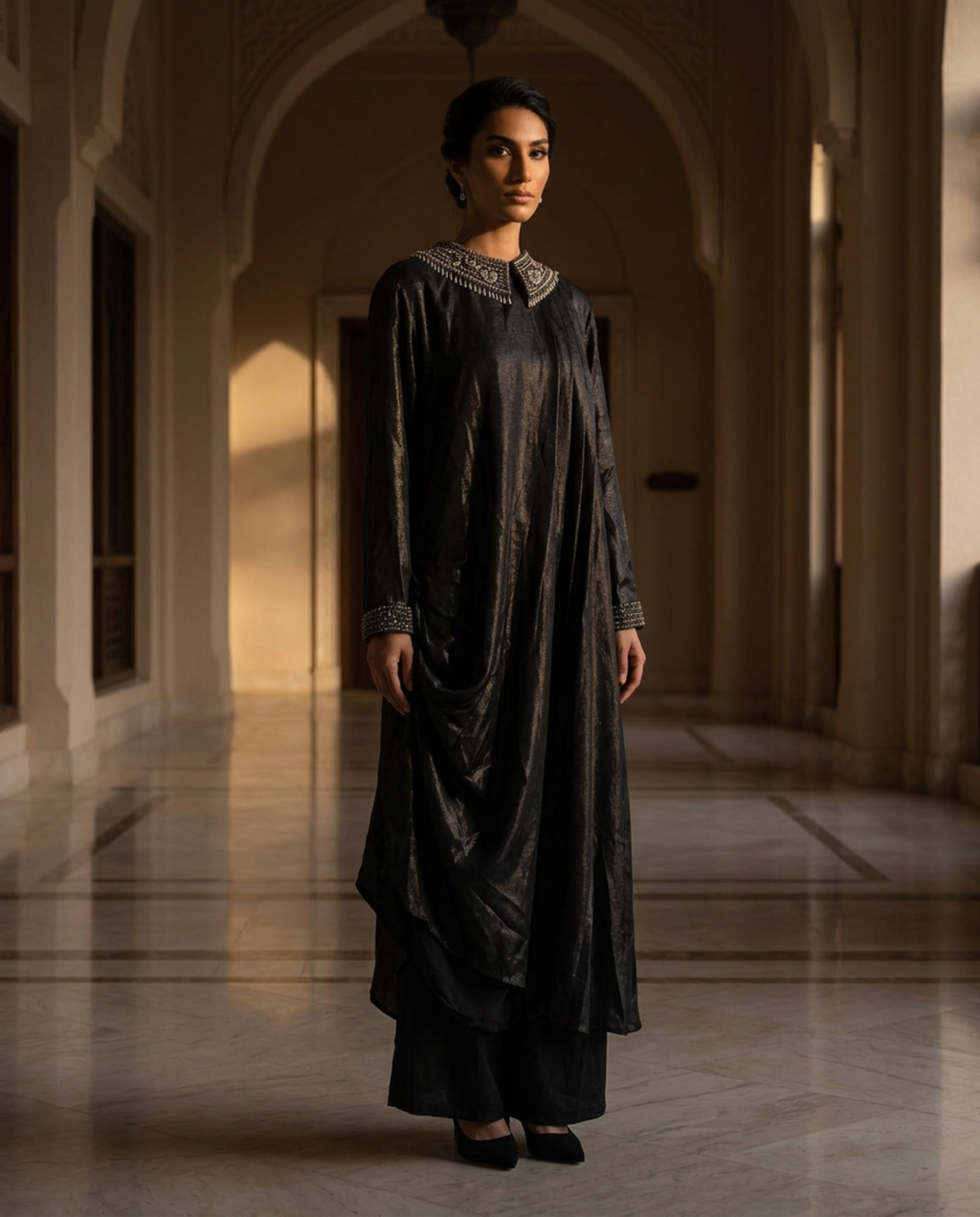 E4-16_BLACK_ES Black Structured Kaftan Dress