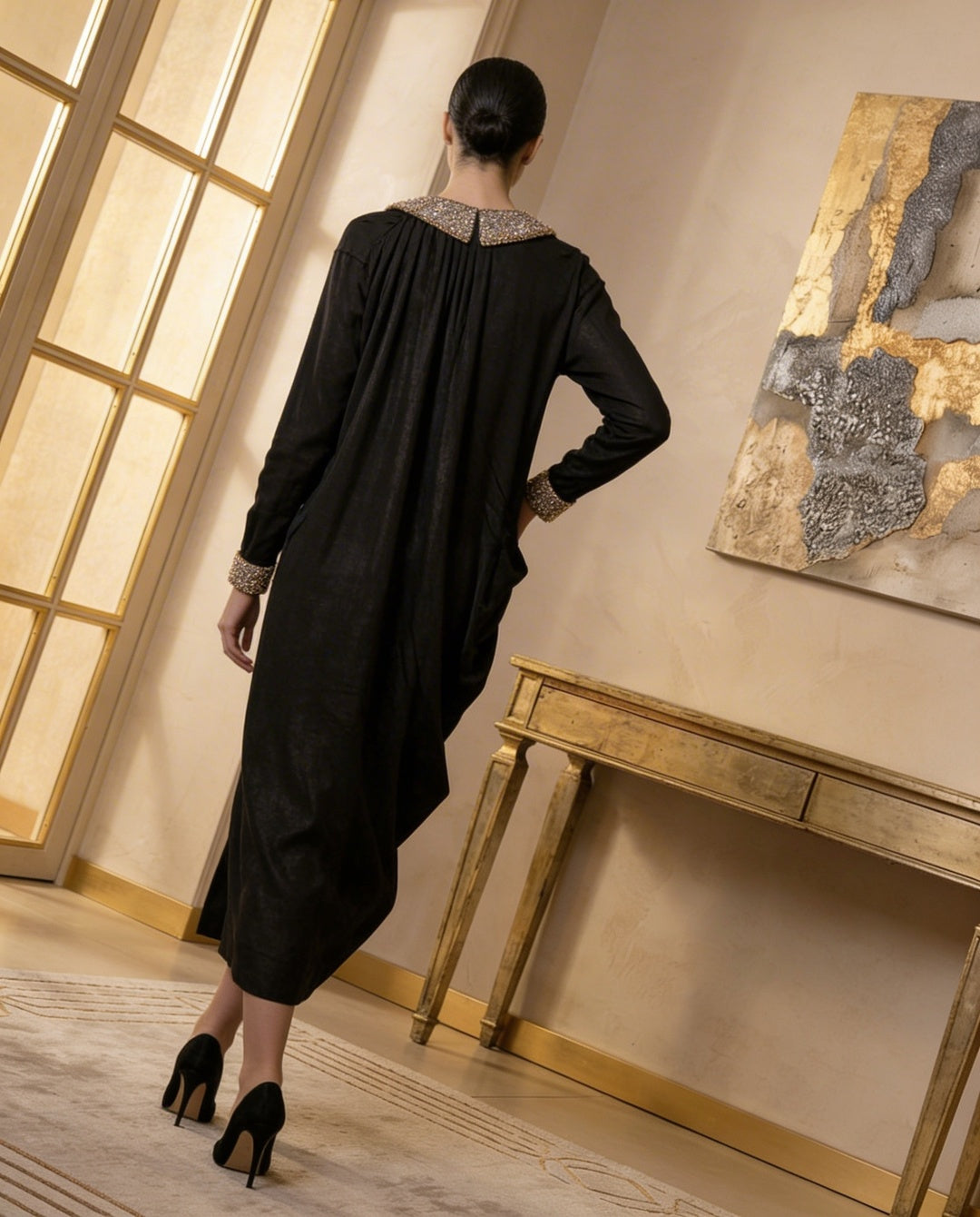 E4-3_BLACK_ES Jet Black Tailored Kaftan
