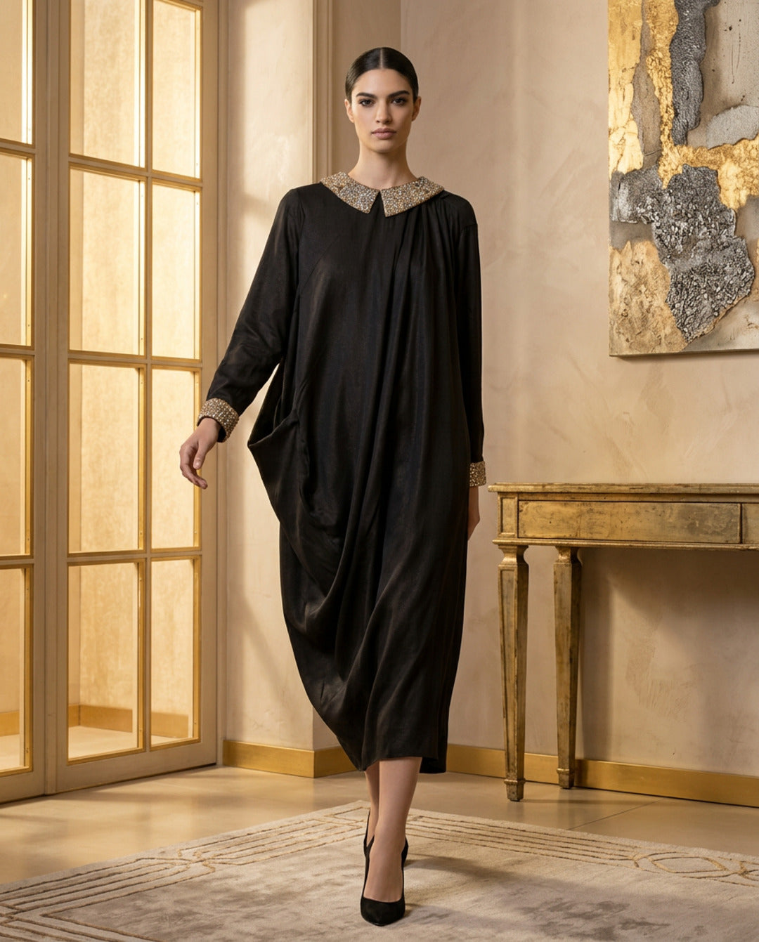 E4-3_BLACK_ES Jet Black Tailored Kaftan
