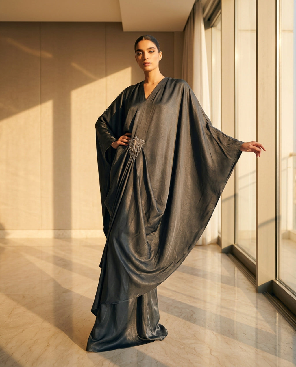 E4-4_TEAL_ES Teal Draped Statement Kaftan