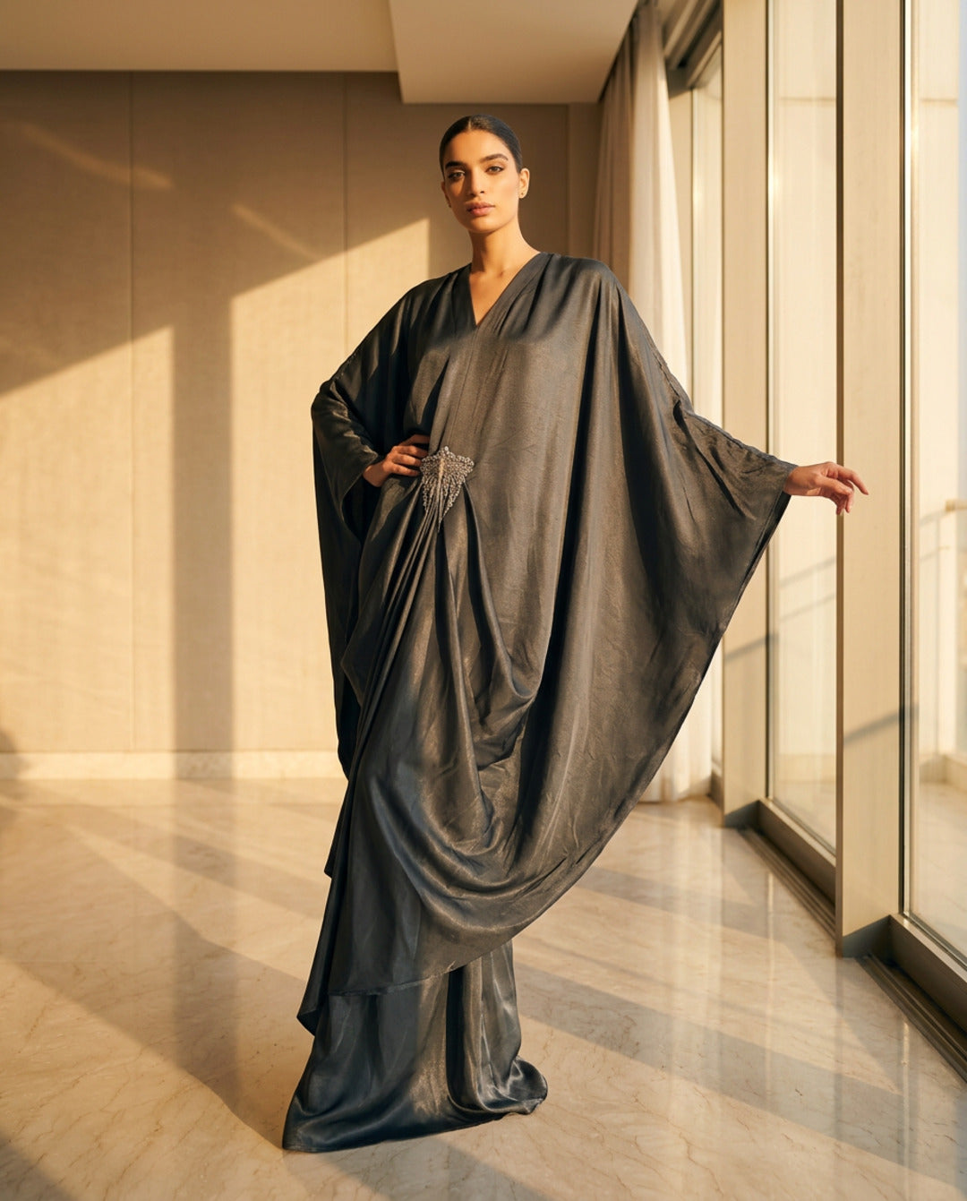 E4-4_TEAL_ES Teal Draped Statement Kaftan