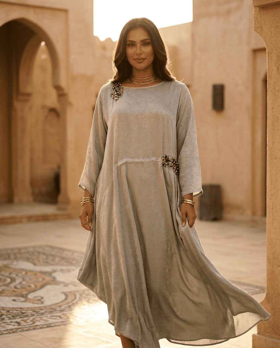 E4-7_GREY_ES Champagne Silk Flowing Kaftan
