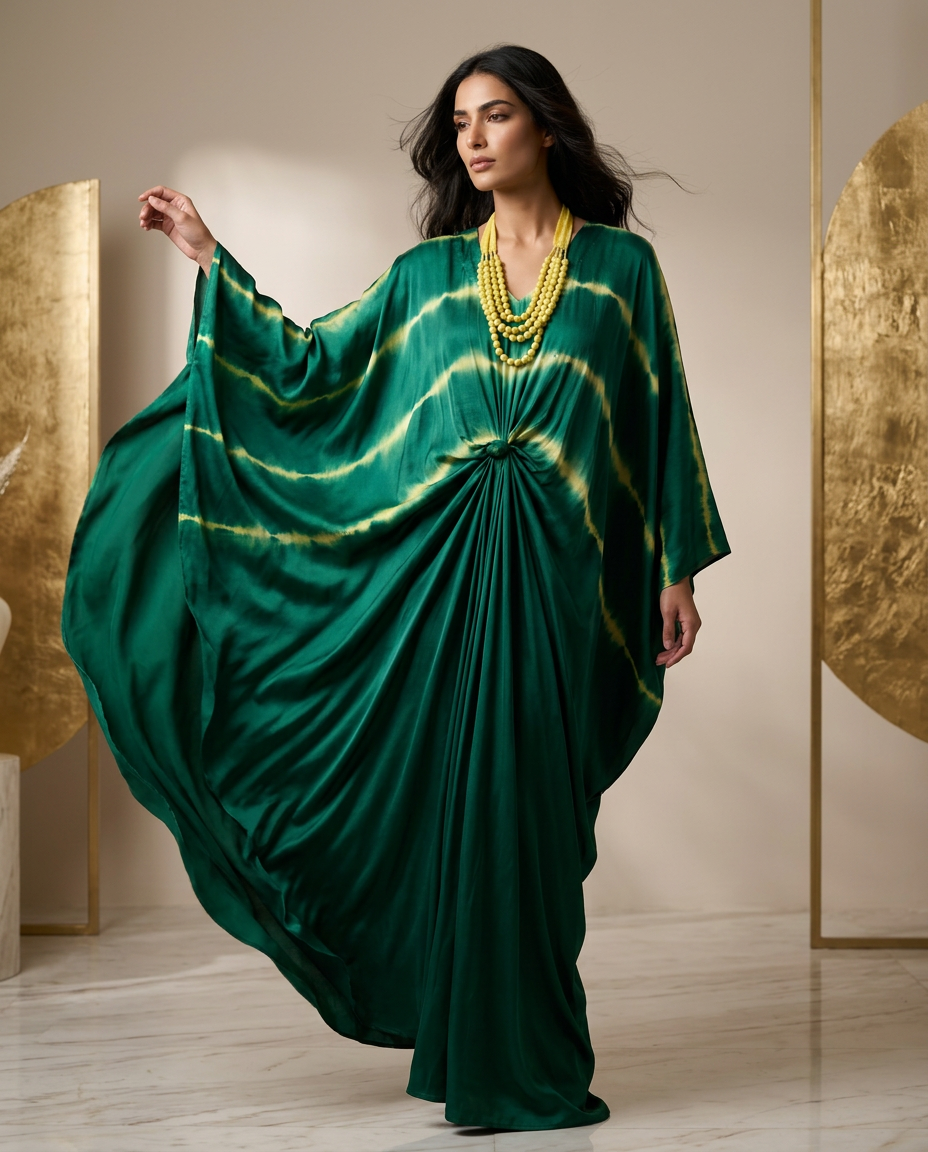 PA-10_GREEN_ES Emerald Silk Drape Kaftan