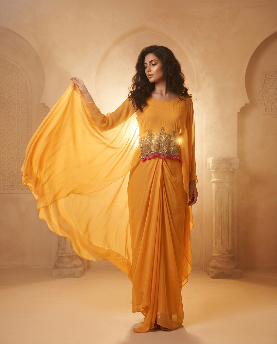 PA-3_YELLOW_ES Golden Aura Draped Gown