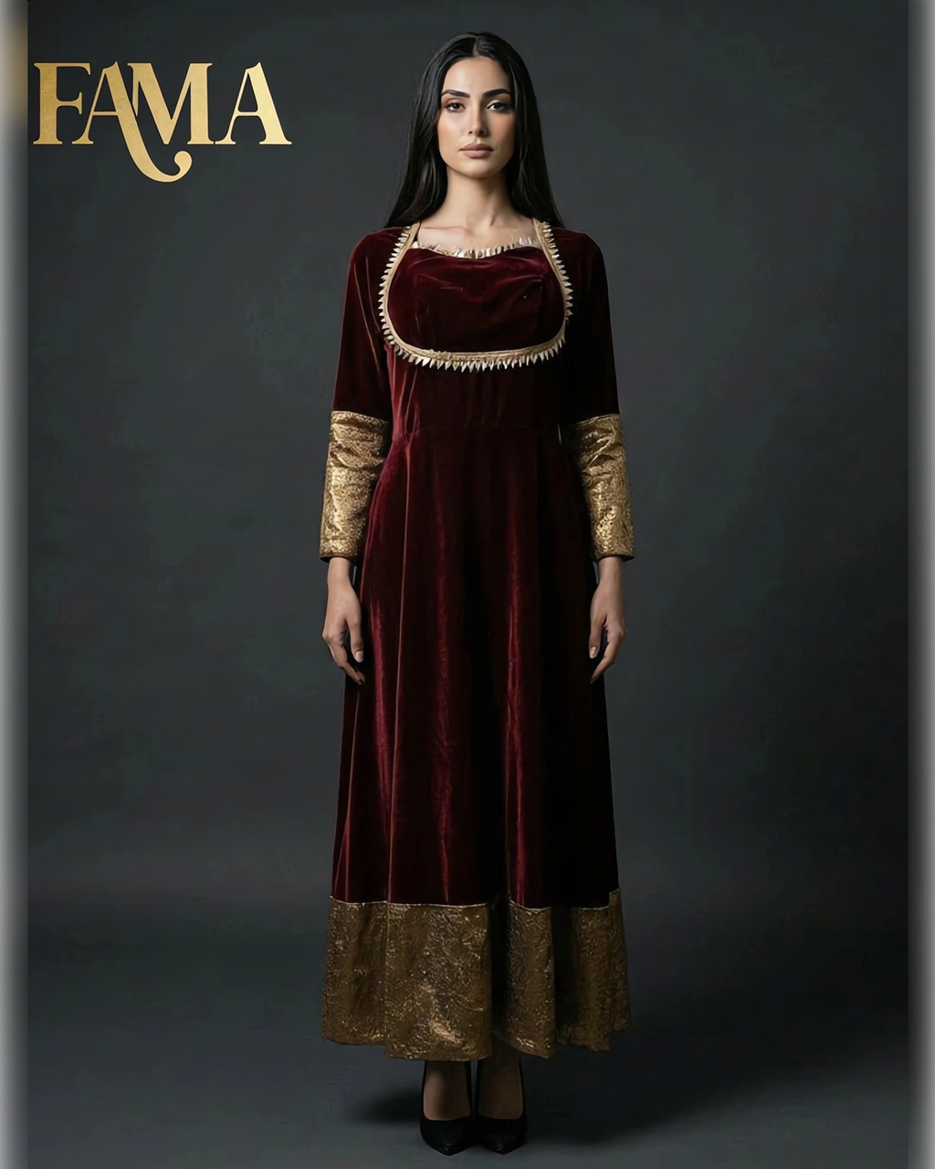 Regal Velvet Anarkali Dress with Gold Brocade Accents PK 2