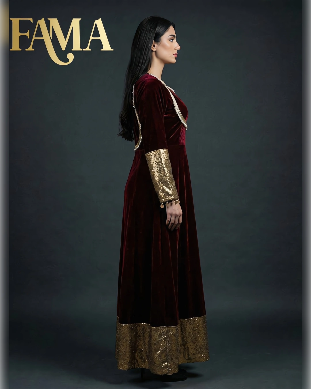 Regal Velvet Anarkali Dress with Gold Brocade Accents PK 2