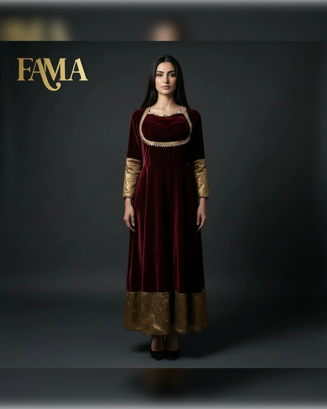 Regal Velvet Anarkali Dress with Gold Brocade Accents PK 2