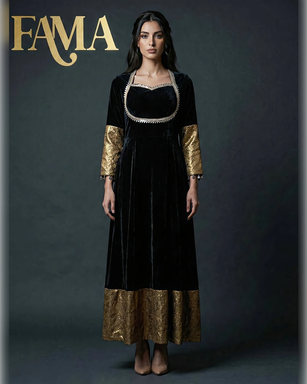 Royale Velvet Gold-Border Anarkali Dress PK 1