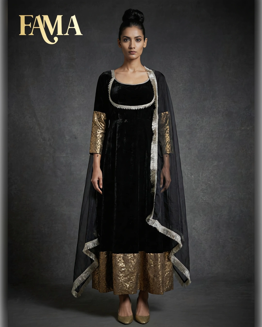 Royale Velvet Gold-Border Anarkali Dress PK 1