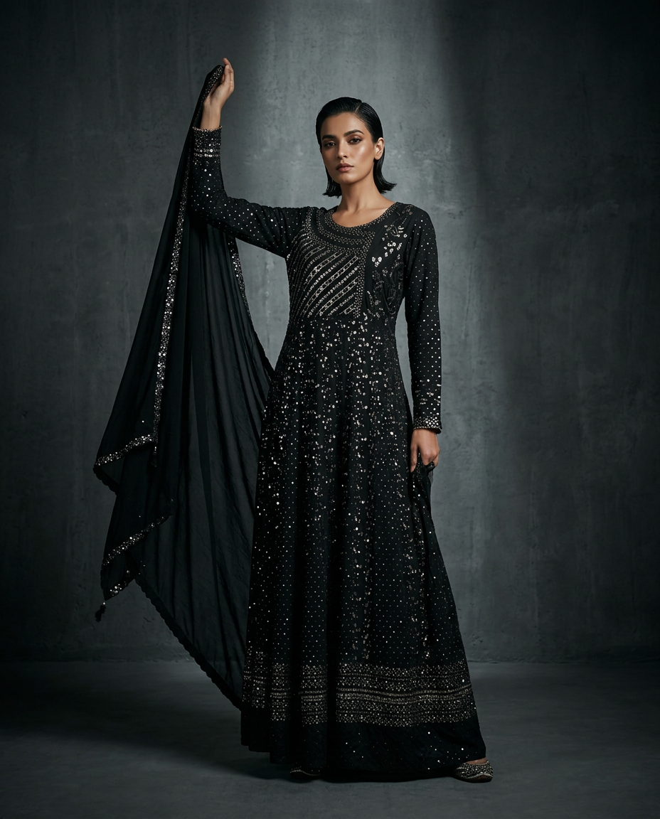 POK-1_BLACK_I Midnight Black Flow Kaftan