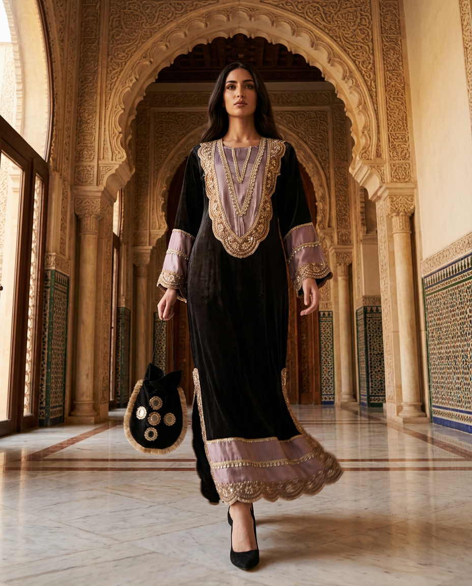 ST-1_PURPLE_ES Midnight Black & Blush Embroidered Kaftan
