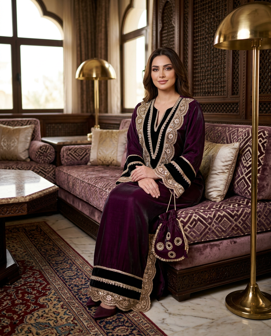 ST-1_PURPLE_ES Royal Plum Velvet Embroidered Kaftan
