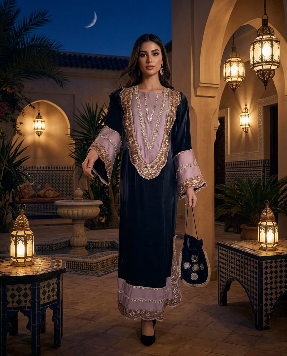 ST-1_PURPLE_ES Midnight Black & Blush Embroidered Kaftan