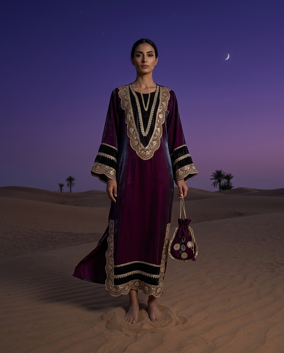 ST-1_PURPLE_ES Royal Plum Velvet Embroidered Kaftan