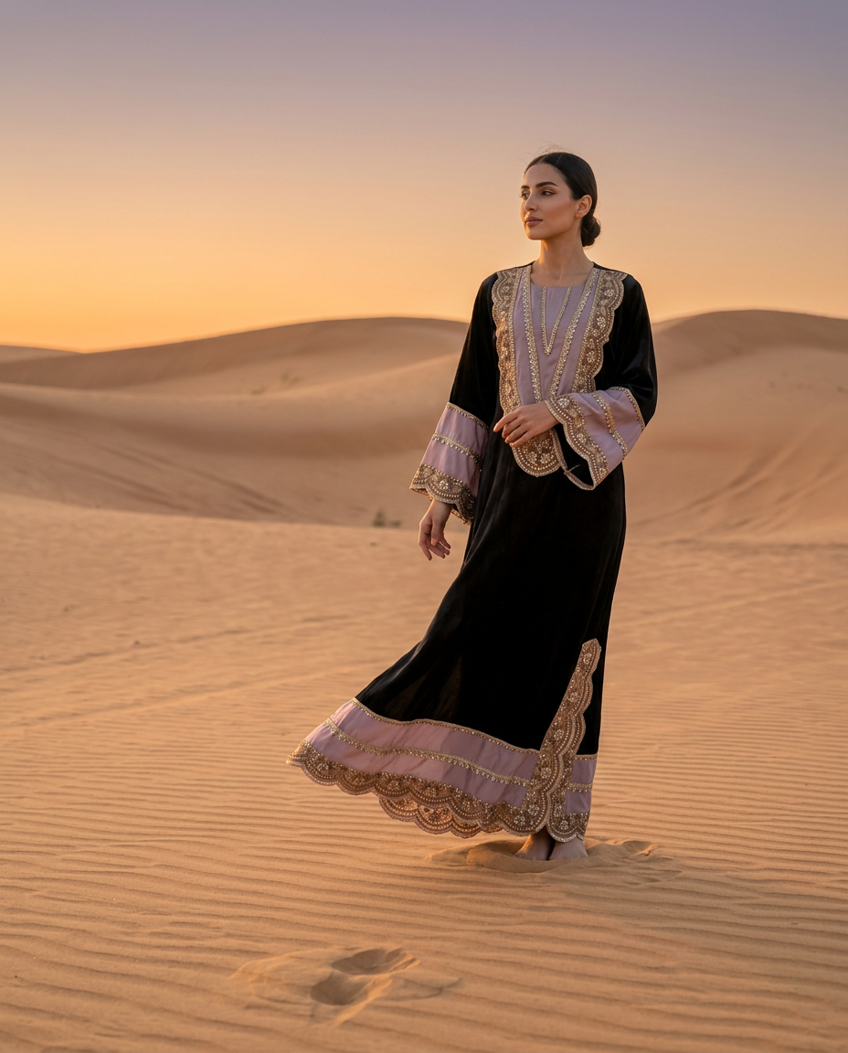 ST-1_PURPLE_ES Midnight Black & Blush Embroidered Kaftan