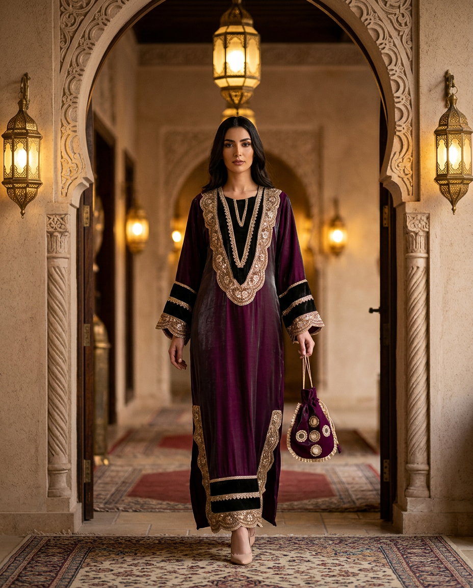 ST-1_PURPLE_ES Royal Plum Velvet Embroidered Kaftan