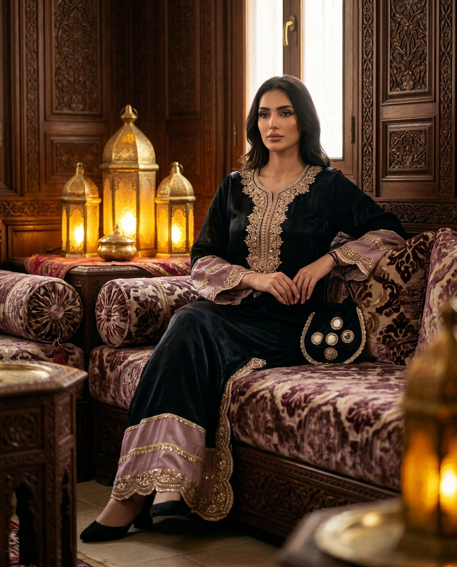 ST-1_PURPLE_ES Midnight Black & Blush Embroidered Kaftan